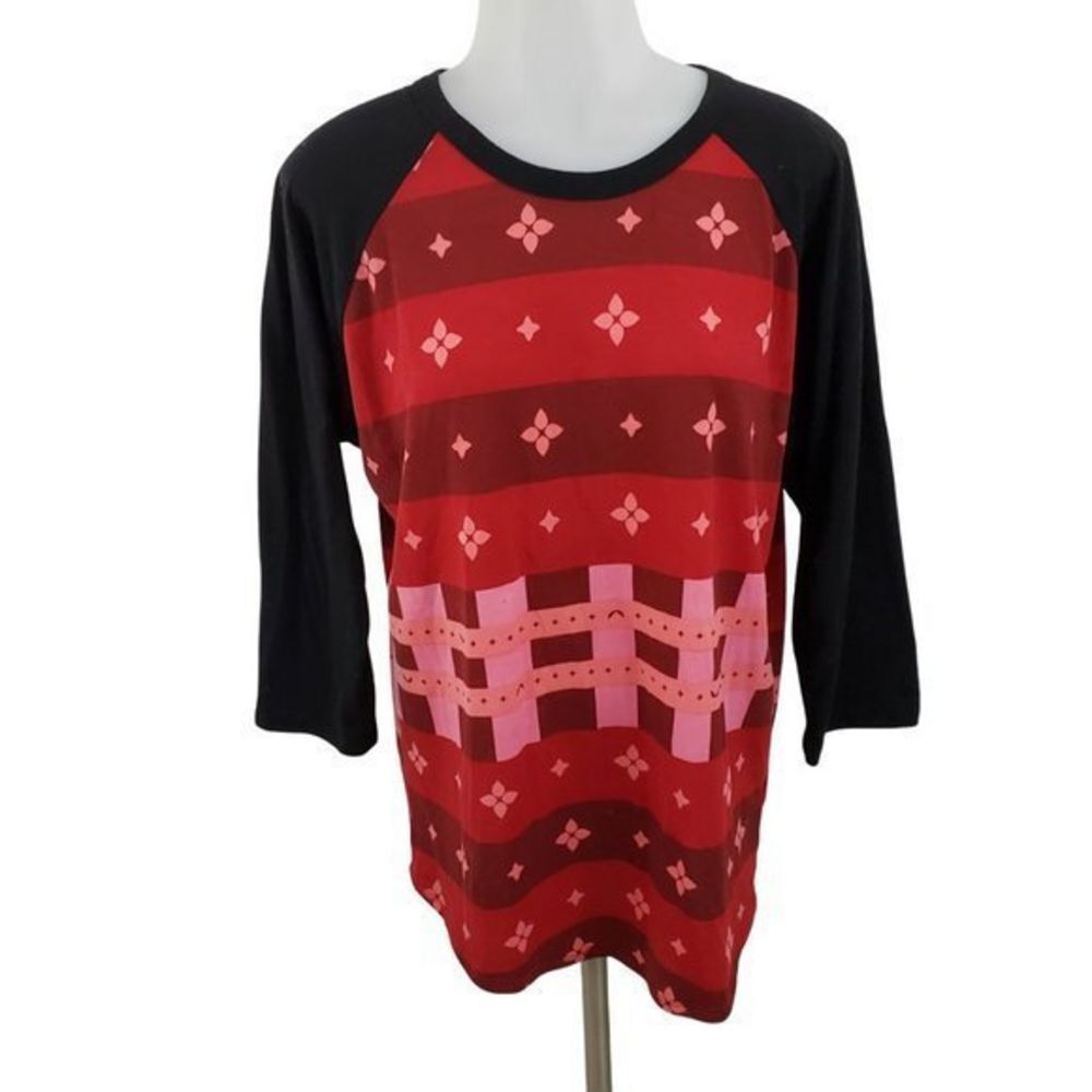Lularoe Randy L Red Black Stripe Geometric 3/4 Sleeve Raglan Pink Baseball Tee